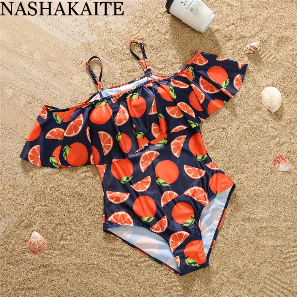 NASHAKAITE Family Swimsuit Mother Daughter Matching Swimwear For Family Set Orange Printed Mommy and me swimsuit bikini women 250319