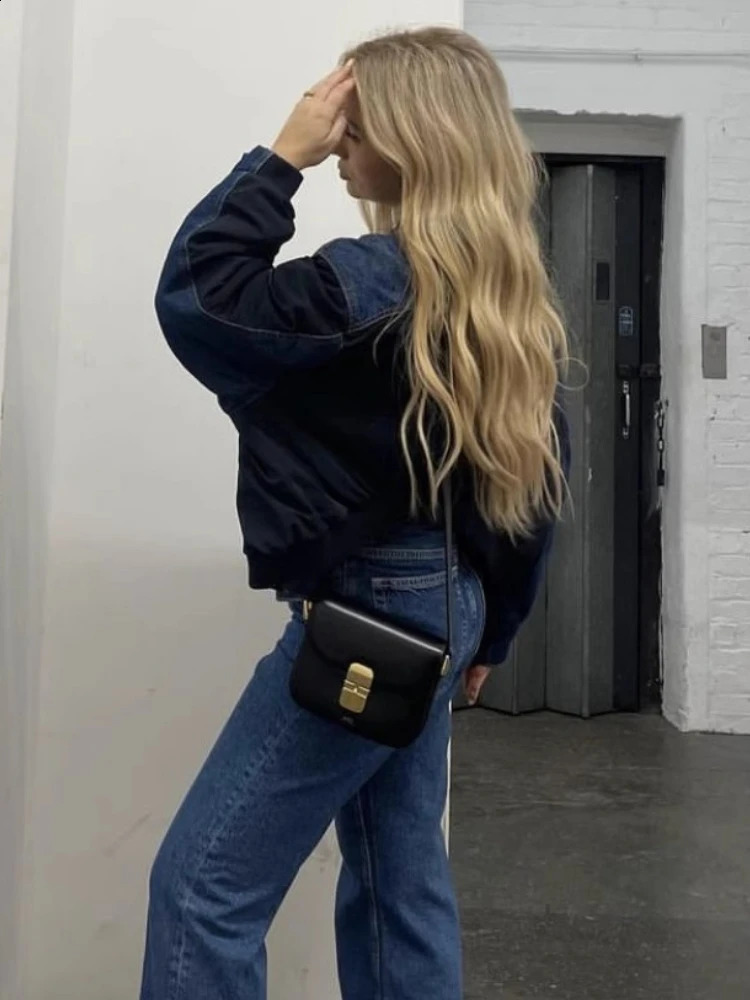 ZBZA Womens Retro Patchwork Denim Jacket with Collar Long Sleeve Single Chest Short Bomber Fashion 250319