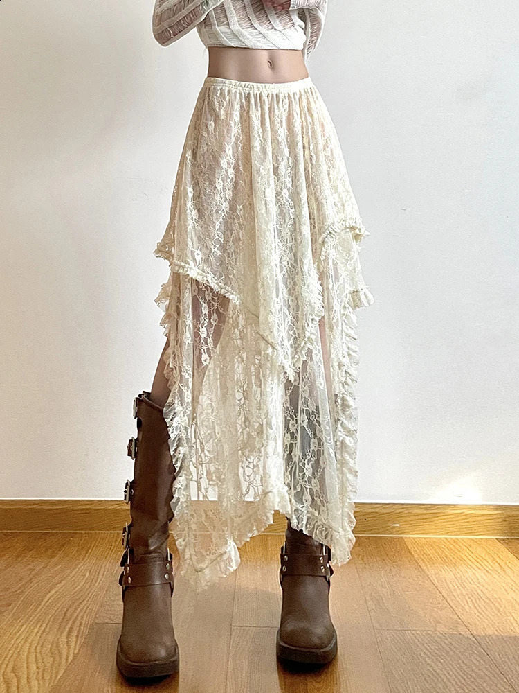 Rockmore Lace Irregular Skirt Grunge Fairycore Women Vintage Y2K Boho Aesthetic Coquette Low Waist Mid Skirts Holiday Outfits 250319