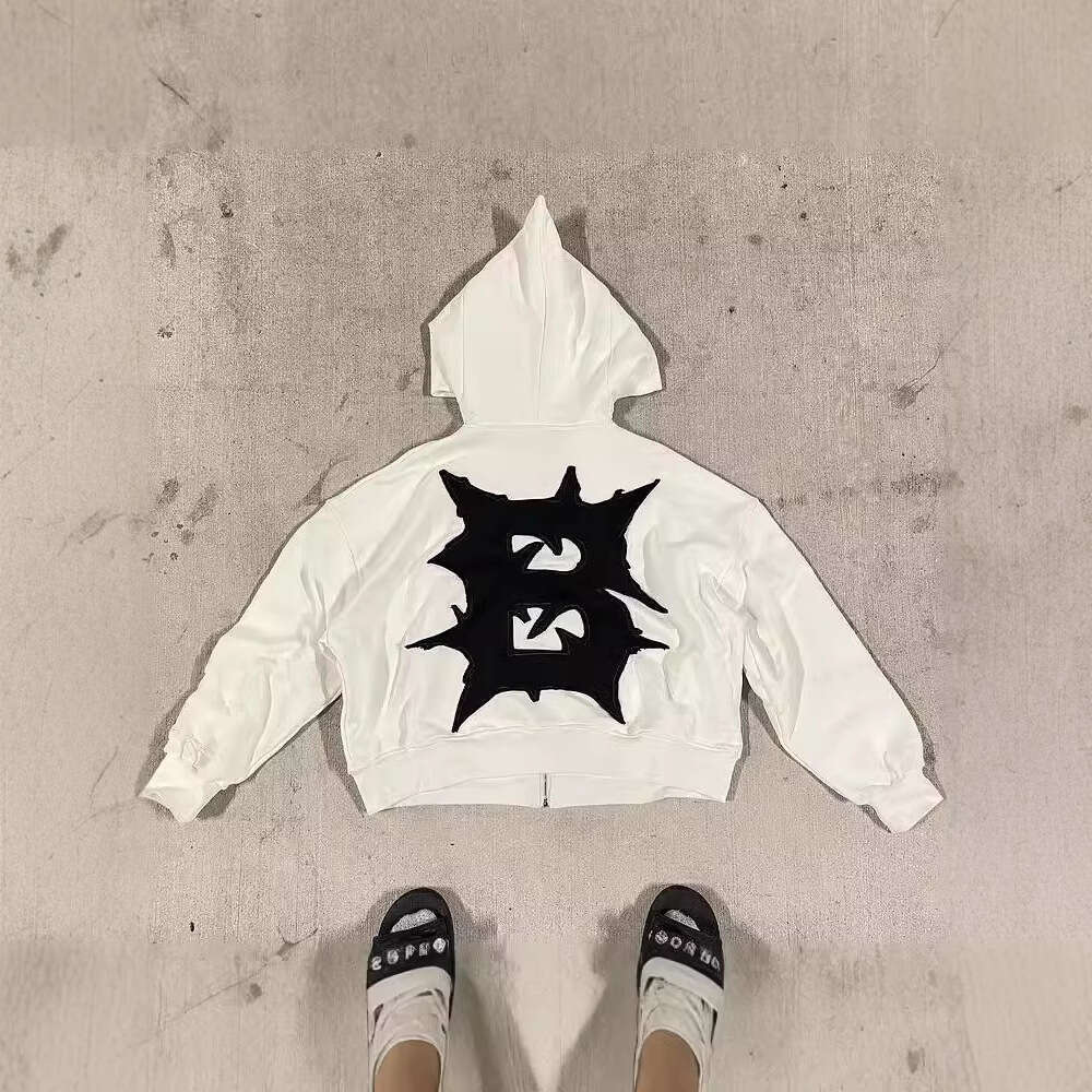 American street design, embroidered fabric hoodie, personalized irregular zipper, loose fitting unisex hoodie