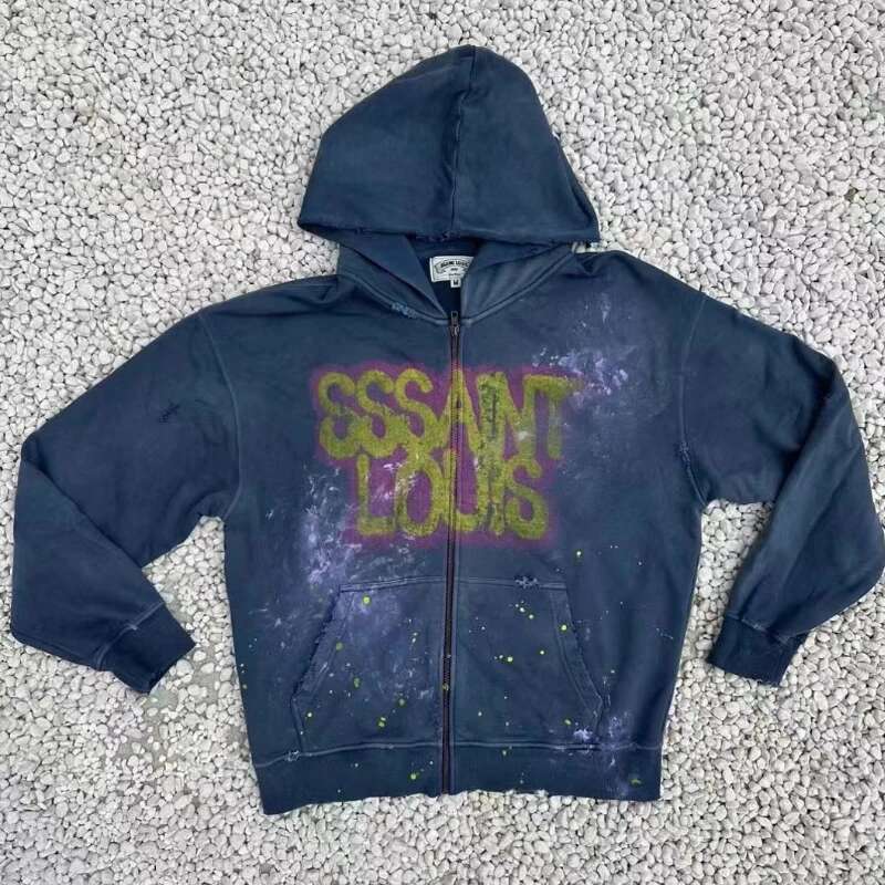 Saint High Street men's and women's hoodies, multi colored washed jackets, hoodies with spray painted graffiti logos, zippered hoodies