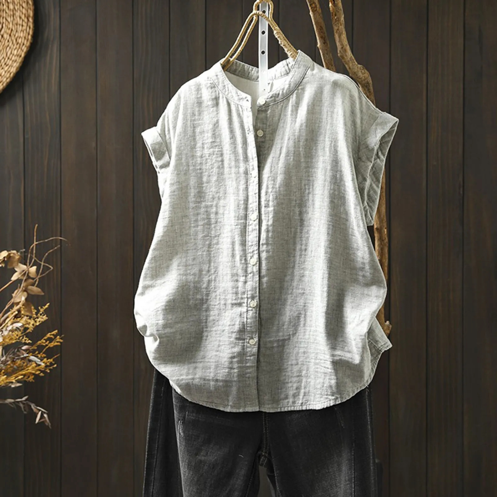 Retro cotton linen shirt womens fashionable streetwear short sleeved collarless summer shirt womens breathable and comfortable top 250318