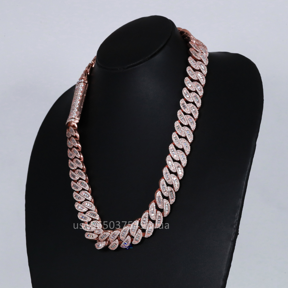 Personalized Hip Hop Cuban Chain Crafted With 14kt Rose Gold Featuring Moissanite Round Brilliant and Baguette Cut Diamonds