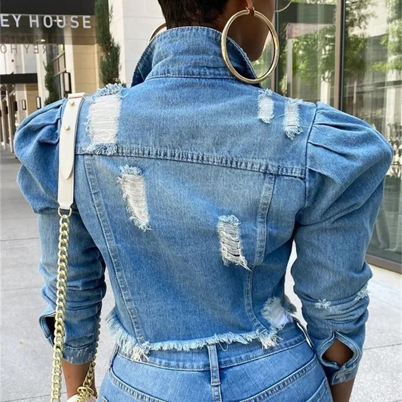 Fashionable Bubble Long Sleeve Collar Button Spliced Denim Jacket for Womens Piercing Tassel Trend Street Clothing 250319