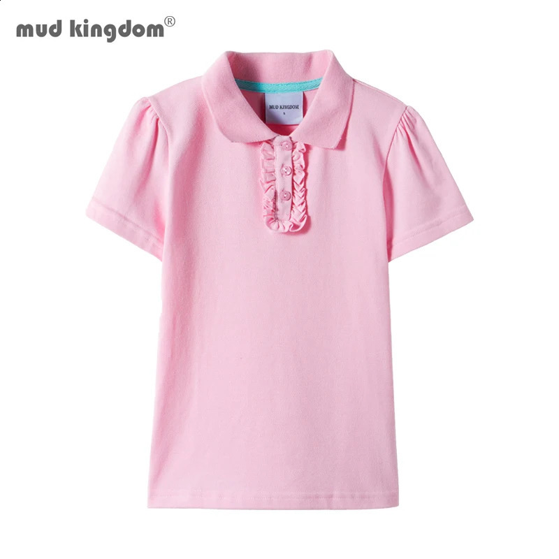 Mudkingdom Big Girls Polo Shirt Casual Solid Ruffle Short Sleeve Tops for Kids Shirts Cotton Children Summer Clothing 250319
