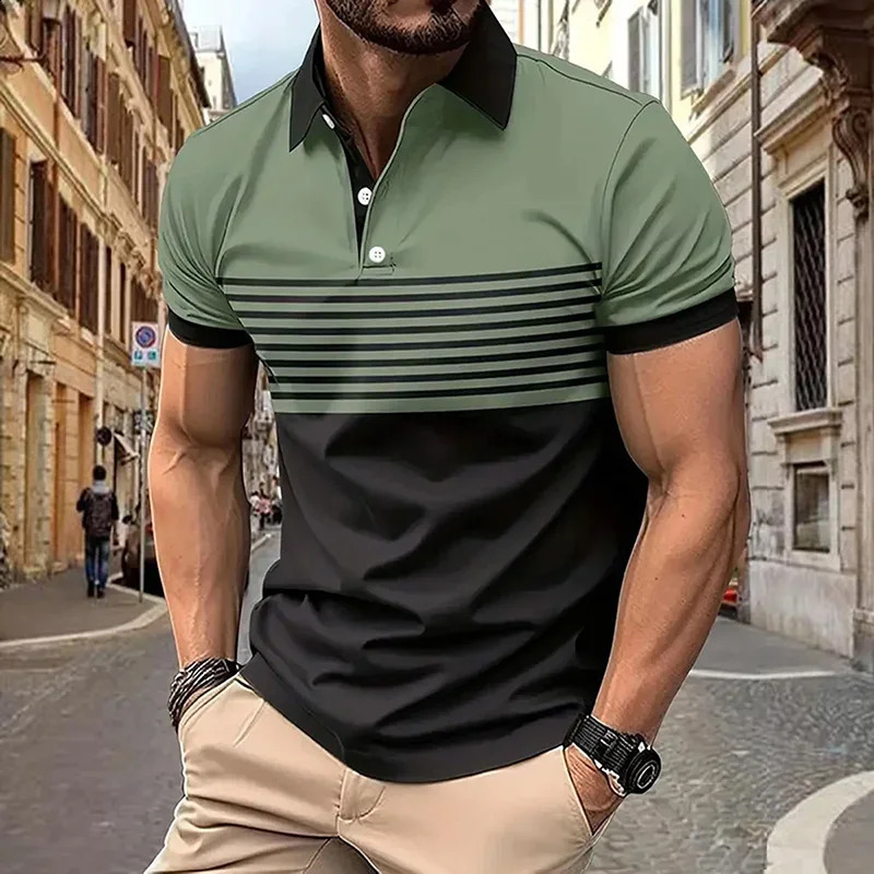 Breathable Stripe Print Sleeve Lapel Short Sleeve T-shirt Mens Casual Retro Style Button Up Shirt For Summer 250319