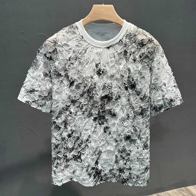 Street Trend Fashion Summer New Mens O-neck Tie Dye Hole High Street Casual Full Match Half Sleeve Loose Zipper T-shirt TopT250318