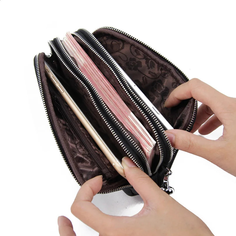 NIGEDU long womens wallet leather 3-layer zipper wrist bag large capacity womens clutch coin wallet phone bag black 250317