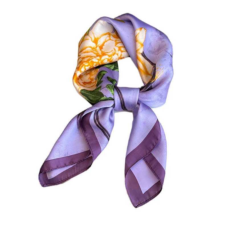 Purple Floral Print Silk Scarfs Men 70cm Square Scarves Fem Hijab Soft Satin Neckerchief Casual Decorate Lady Neck Ties X250319