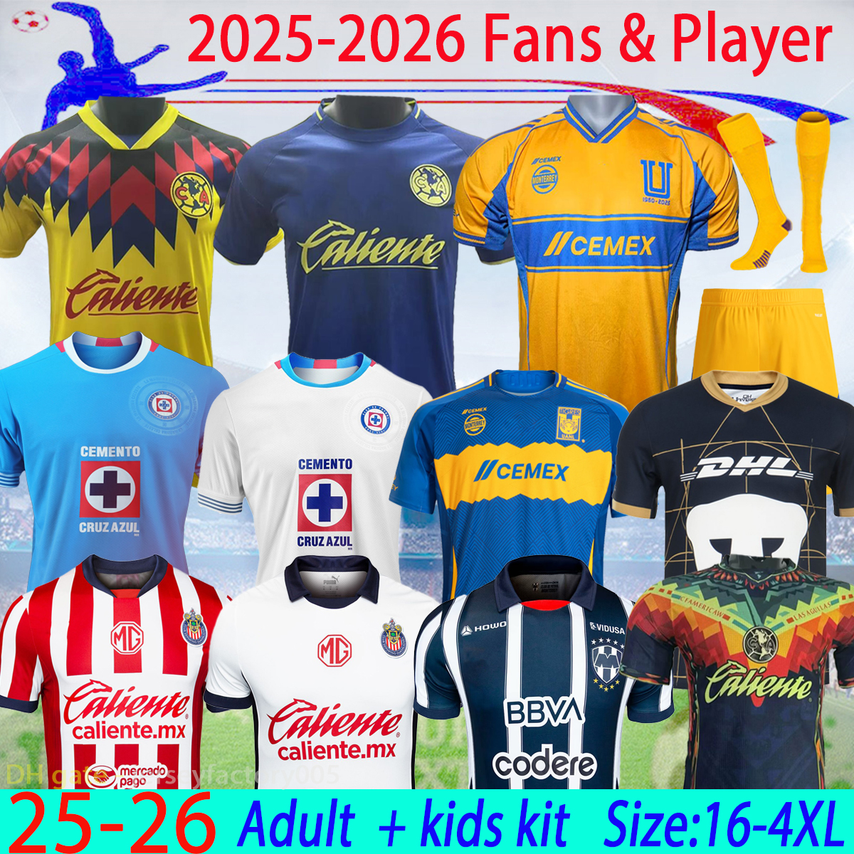 Liga MX 25 26 Tigres UANL Soccer Jerseys 2025 Chivas de Guadalajara Club America Cruz Azul adult kids kits VARGAS Home away Tercer Mexico Pizarro Football kit 16-4XL