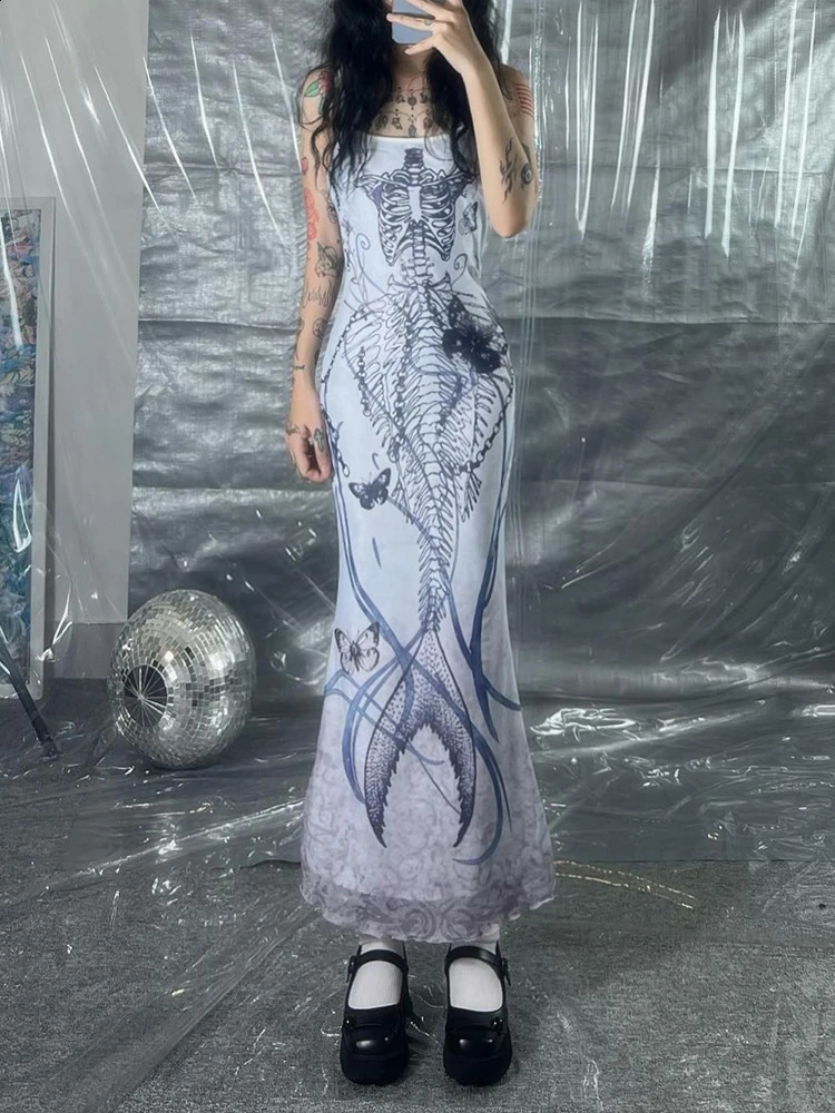 Sweetown Print Goth Y2K Spaghetti Straps Dress Women Aesthetic Mermaid Summer Dresses 250319