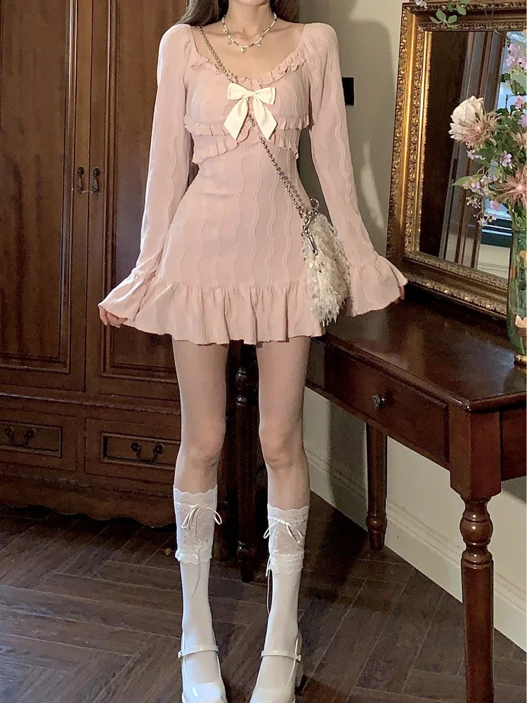 Pink Sweet Slim Y2k Mini Dress Woman French Elegant Flare Sleeve Dress Party Casual One Piece Dress Korean Fashion 250319