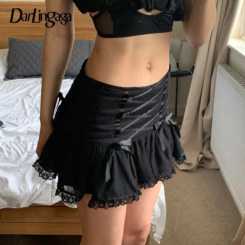 Darlingaga Gothic Y2K Lace Trim Mini Skirt Harajuku Vintage Tie Up Bow Dark Academia Sexy Women Skirts tie A-Line Grunge 250319