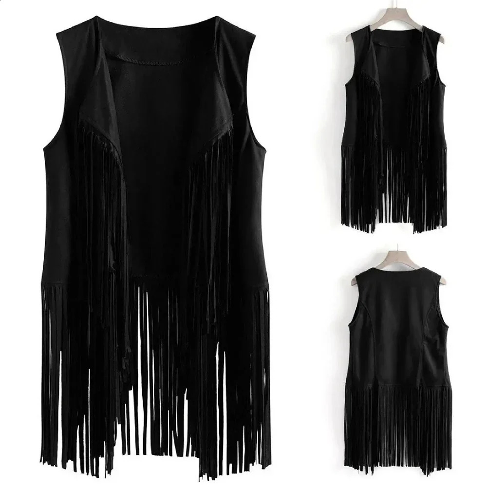 Womens tassel vest retro ethnic synthetic suede sleeveless jacket long edge 70s hippie cardigan party 250319
