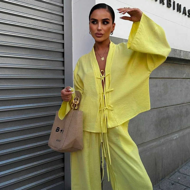 Fashionable and high-end lace up shirt and pants set for women summer new casual two-piece set 250315