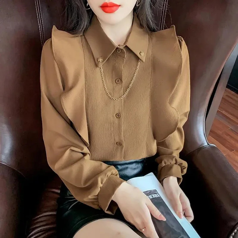 Elegant French office womens chic shirt summer trend metal chain pleated long sleeved solid full matching and 250318