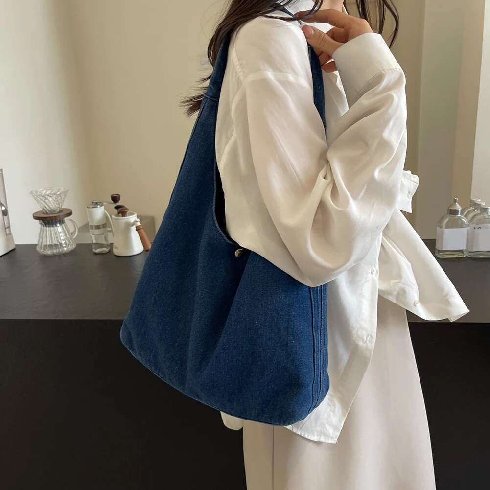 Women Vintage Shoulder Large Capacity Denim Simple Hobo Solid Color Versatile Shopping Female Daily Commute Bag