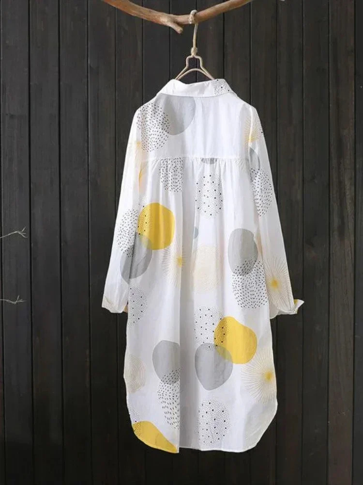 Large loose printed shirt womens cotton medium to long autumn sleeved casual winter Korean style 250319