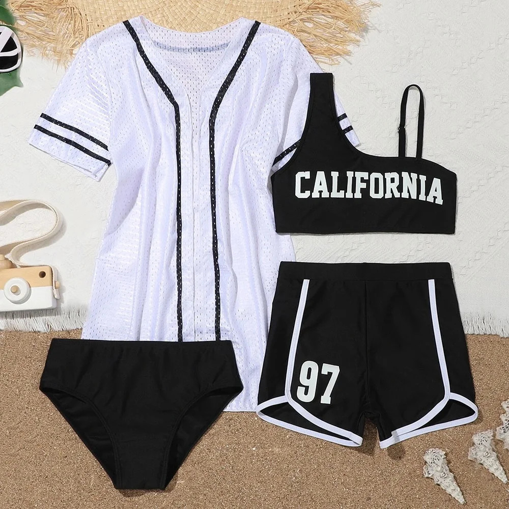 Girls 4pack Letter Print Bikini Sets with Shorts Mesh White Cover Ups Swimsuit 8-12 Years Childrens Swimwear Sport Bathing Suit 250319