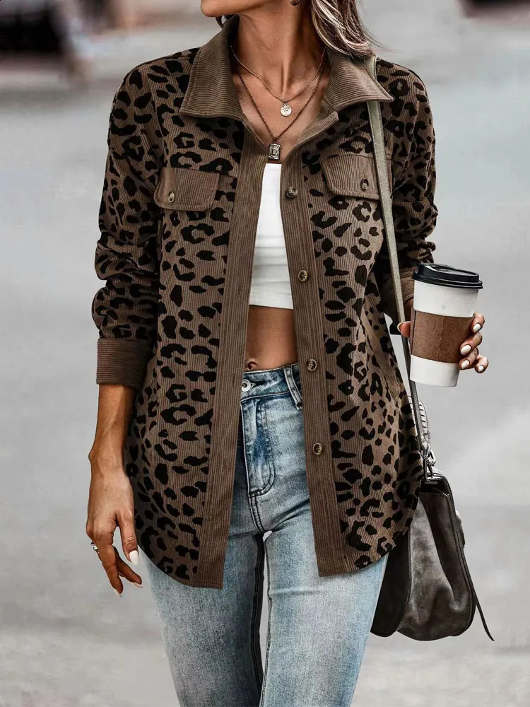 Autumn Leopard print Jacket Womens Corduroy Jacket Coat Womens Jacket Long Sleeve Winter Loose Shirt Womens Jacket 250317