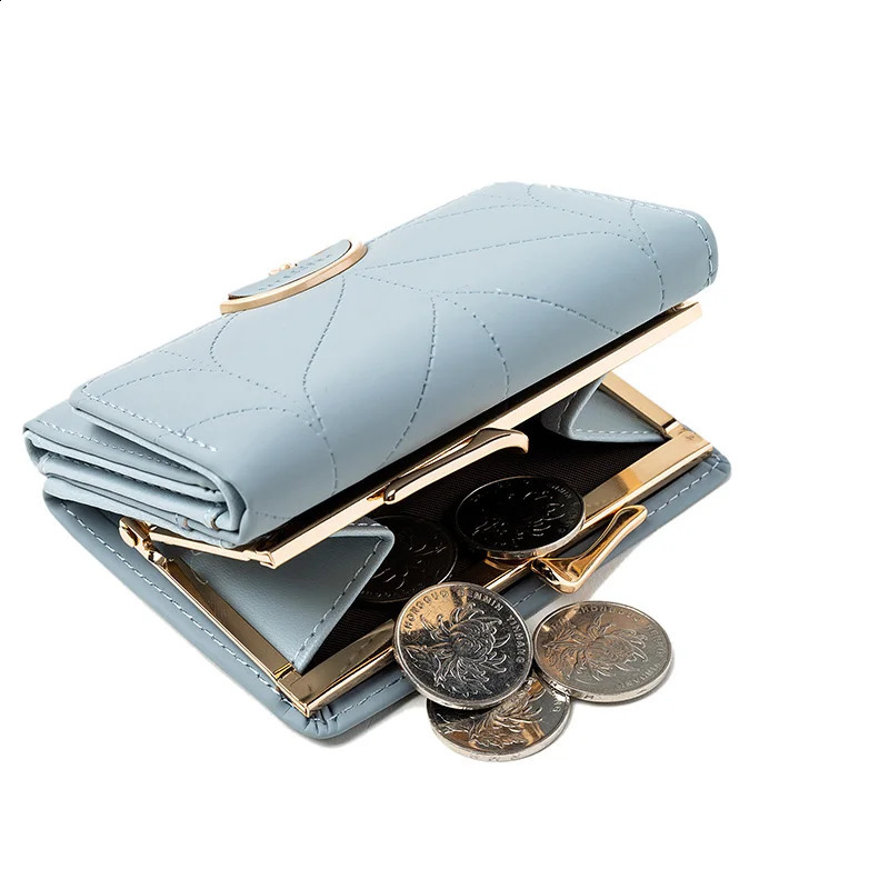 024 Womens Summer Womens Short Wallet Japanese and Korean PU Leather Hard Buckle Three Fold Bag High Texture Multi C 250318