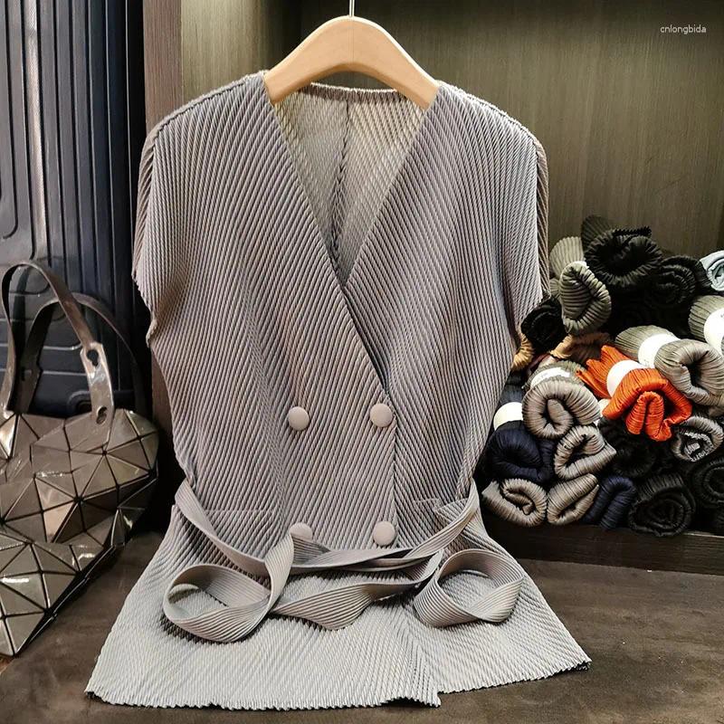 Women's Vests Miyake Pleated Jacket Premium Feeling Button Pleat Top Peplum Loose Slim Short Sleeve Fold Women 2025 Summer