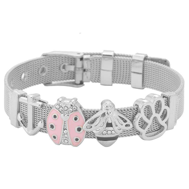 Stainless Steel Keeper Mesh Bracelets with Lovely Bee & Ladybug Crystal Slide Charms Wrap Bracelets Bangle For Women Gift