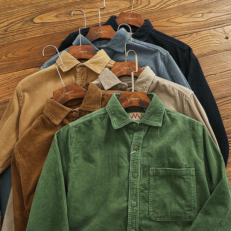 Heavy chunky high pit chunky strip vintage corduroy long sleeve shirt mens autumn cotton cargo shirt jacket 250314