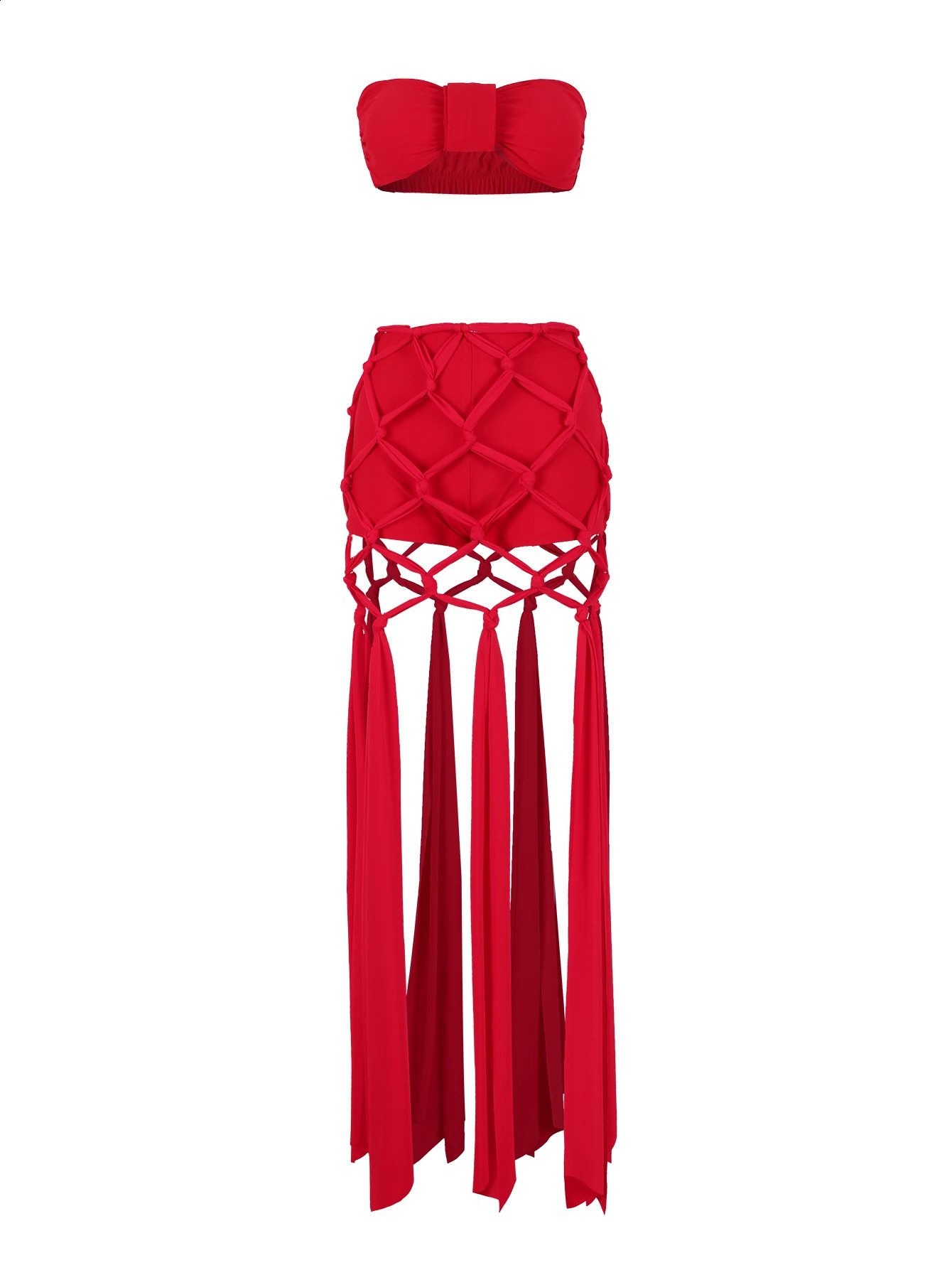 Women Two-piece Skirt Suit Halter Straps Tube Top Skirt Sweet Bra Naked Waist Chic Beach Dance Robe 250319