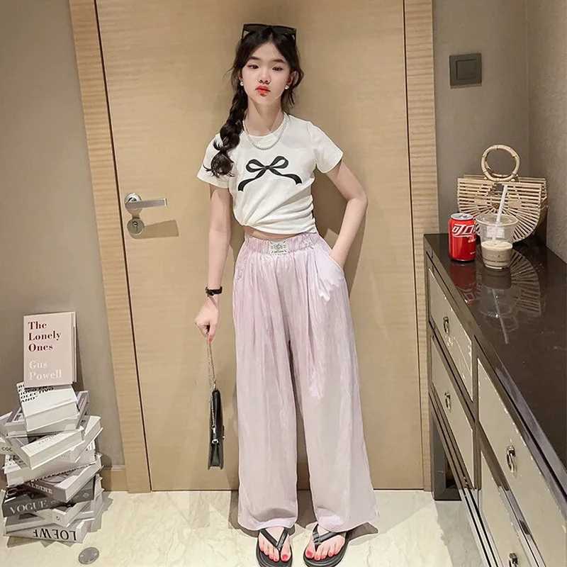 Summer Ice Silk Girls Mosquito Control Panst Kids 2025 Casual Solid Trouser Childrens Stretch Waist Wide Leg PantsT250318