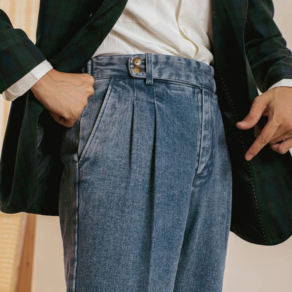 Mens Autumn Naples High Waisted Washed Double Pleat Jeans England Straight Solid Soft Pants Slim Fit Draped n 2025 250311