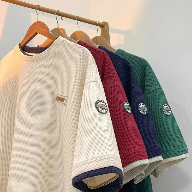 Summer vacation two waffle short sleeved Tshirts mens retro decal loose Tshirt couple y2k streetwear hiphop 250318