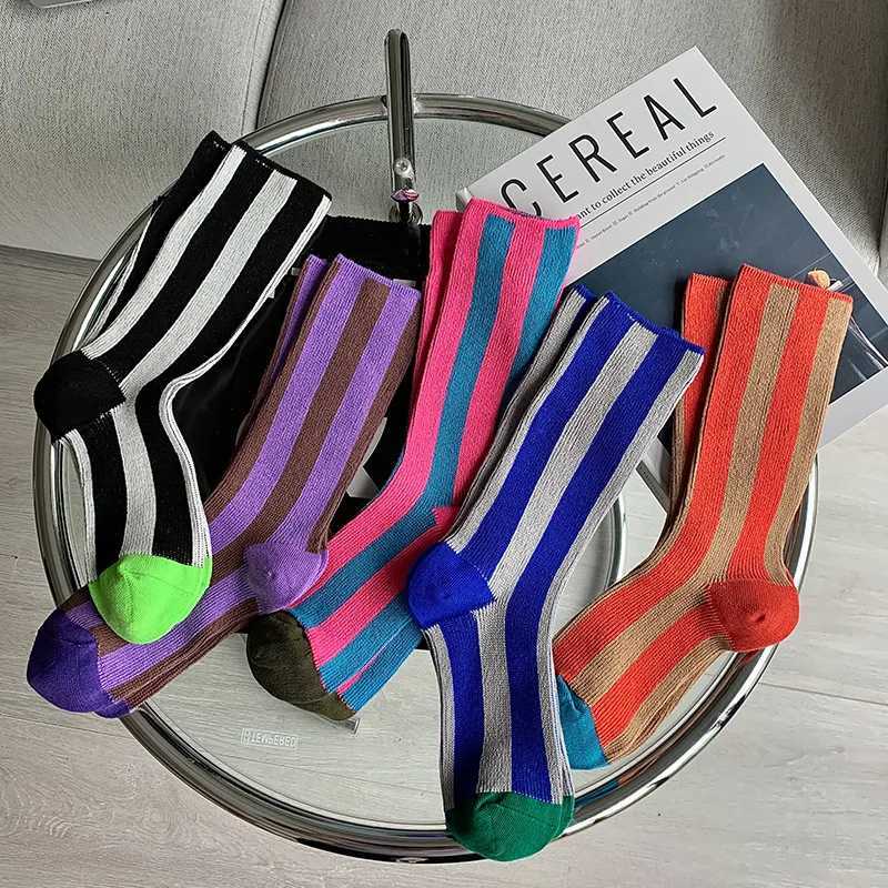 1 pair of high saturation dopamine colored striped Ins fashionable skateboarding style vertical striped mid length socks X250319