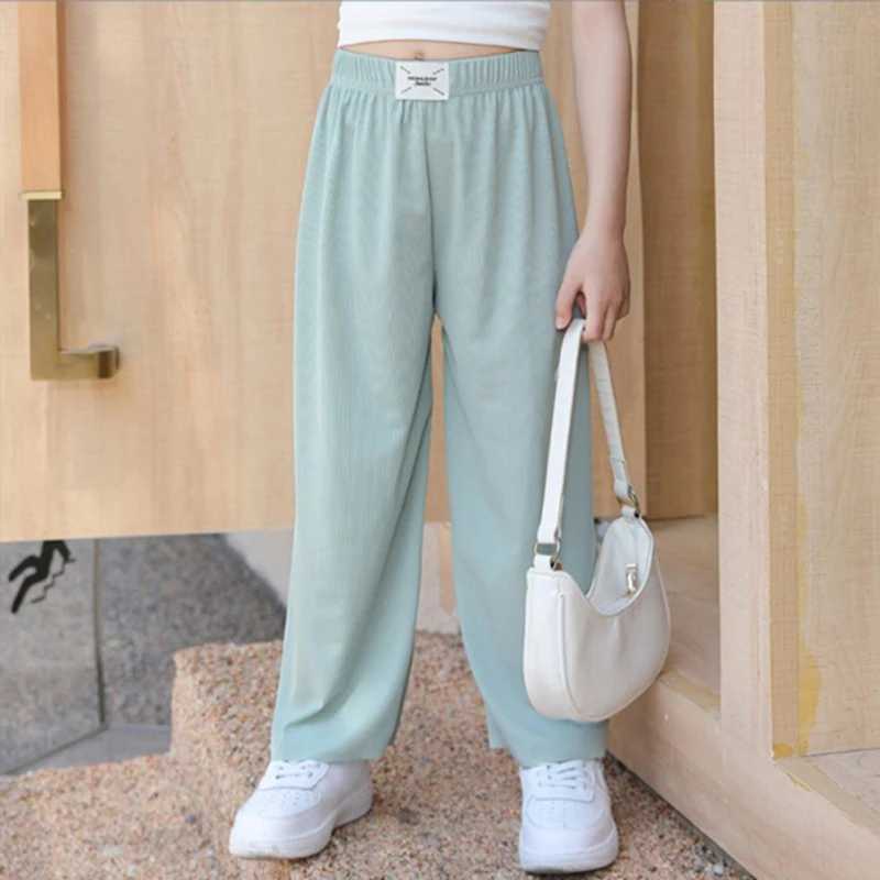 Summer Ice Silk Girls Panst Kids New Casual Solid Trouser Childrens Clothing Mid Waist Stretch Wide Leg Pants 2024T250318