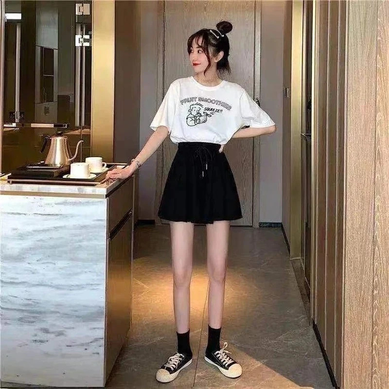 MEXZT 5Xl Summer Shorts Skirts Women Elastic High Waist Casual Wide Leg Shorts Korean A Line Loose Mini Skirt Black Short Pants 250319