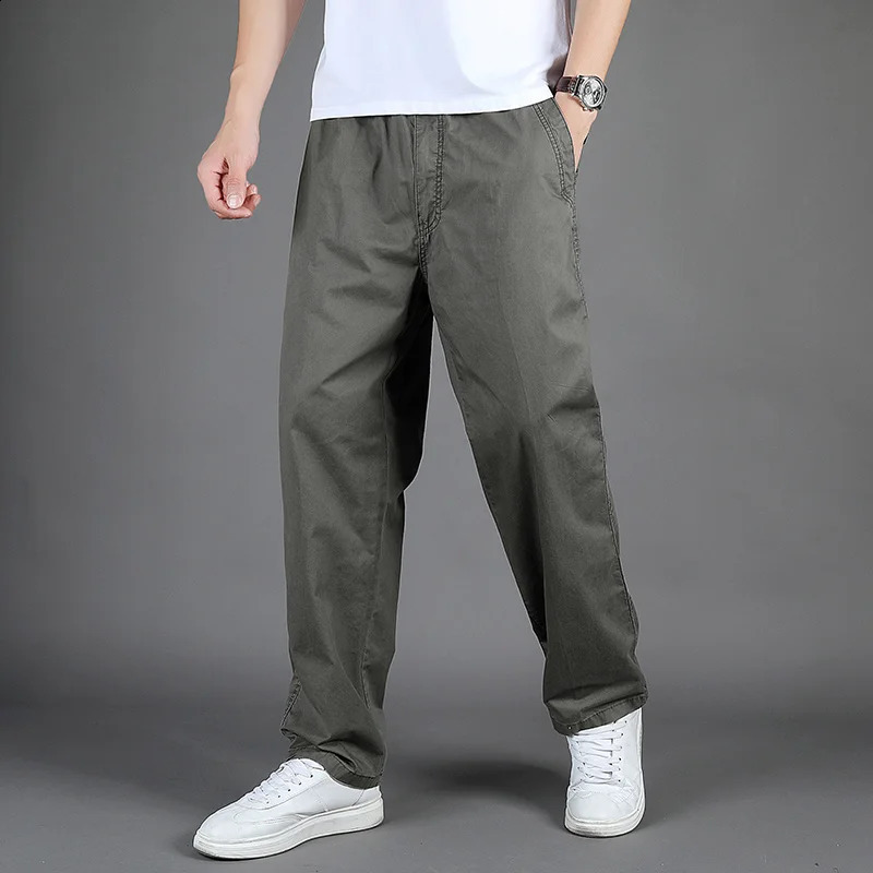 spring and summer mens casual pants loose large size straight elastic waist cotton solid color simple work 250311