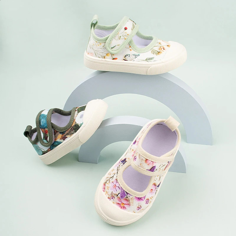 Summer Arrival Little Girls Adorable Floral Daily Canvas Shoes Toddlers Expression Patchwork Sneakers EKF55 250319
