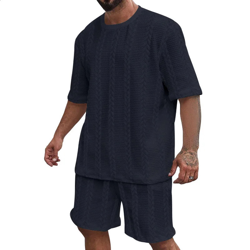 Mens knitted solid color round neck jacquard short-sleeved shorts set sports and leisure 2-piece set 250314