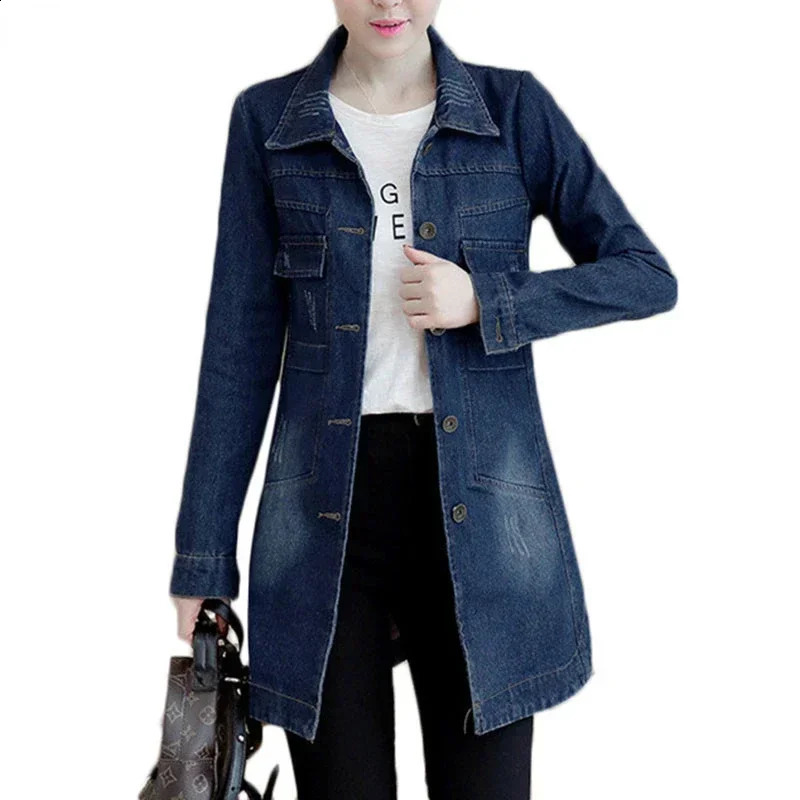 Autumn Winter Korean Denim Jacket 5XL Women Slim Long Base Coat Womens Frayed Navy Blue Casual Female Jeans Jackets Coats 250319