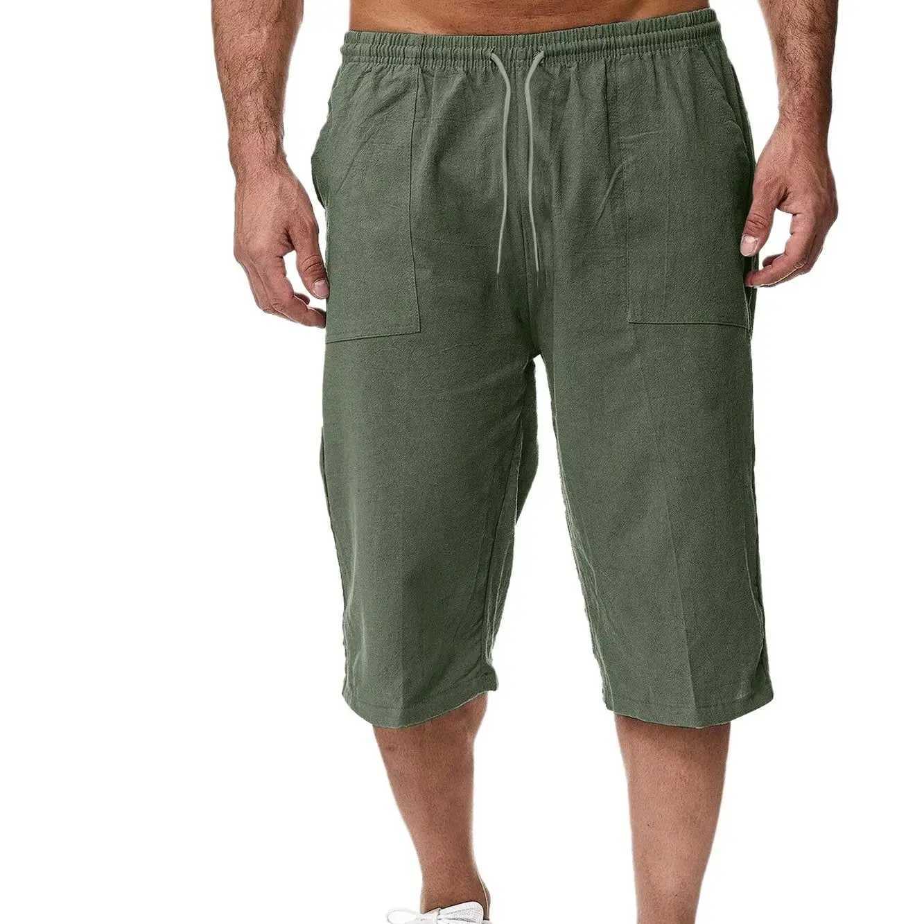 2024 Summer Mens Casual Shorts Cotton Blended Long Elastic Waist Loose Pocket Drawstring 3/4 Length Shorts Daily Street Wear W250319