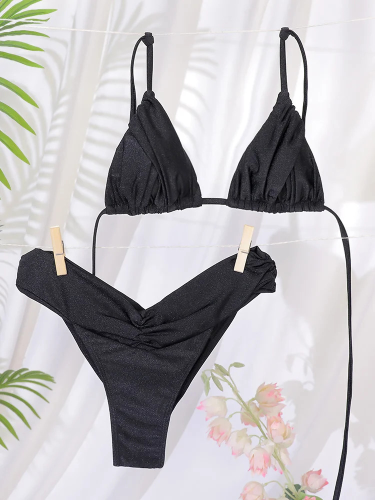 2025 High Waist Sexy Folding Bikini Set Solid Micro Womens Swimsuit Triangle Beach 250311