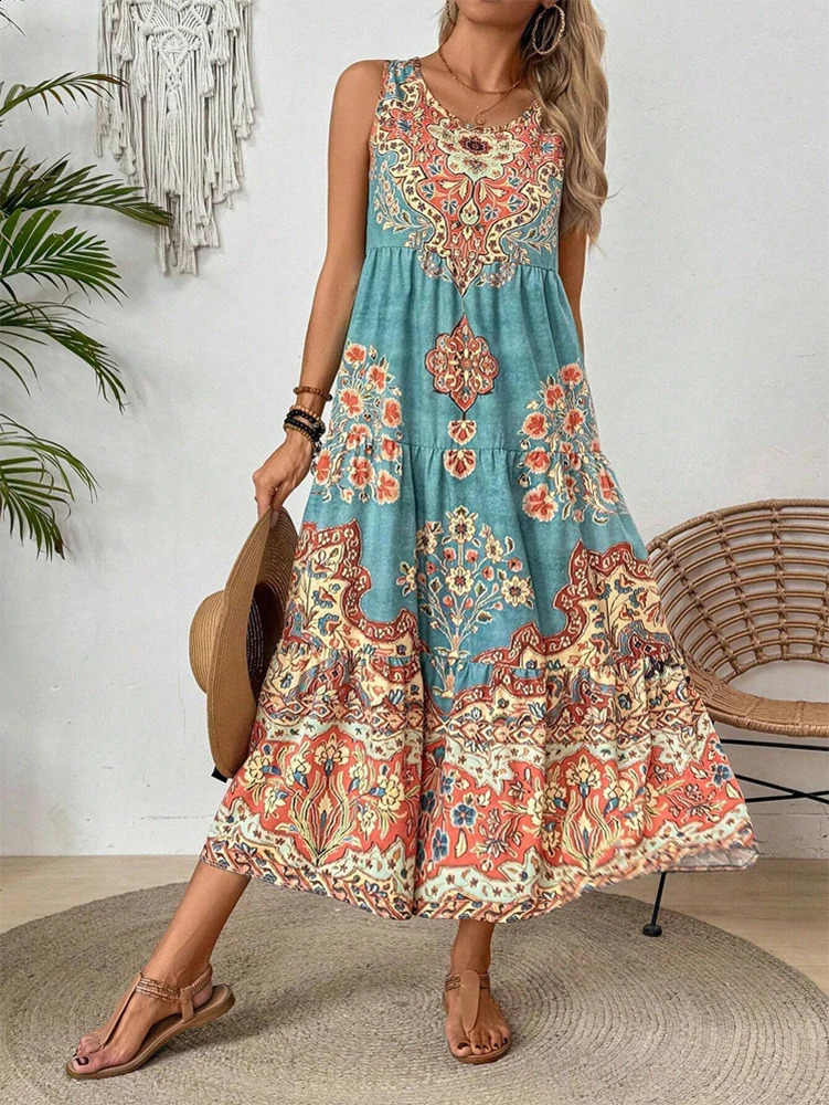 Summer printed collarless womens clothing suitable for leisure or beach suitable for holidays and long vacations 250317