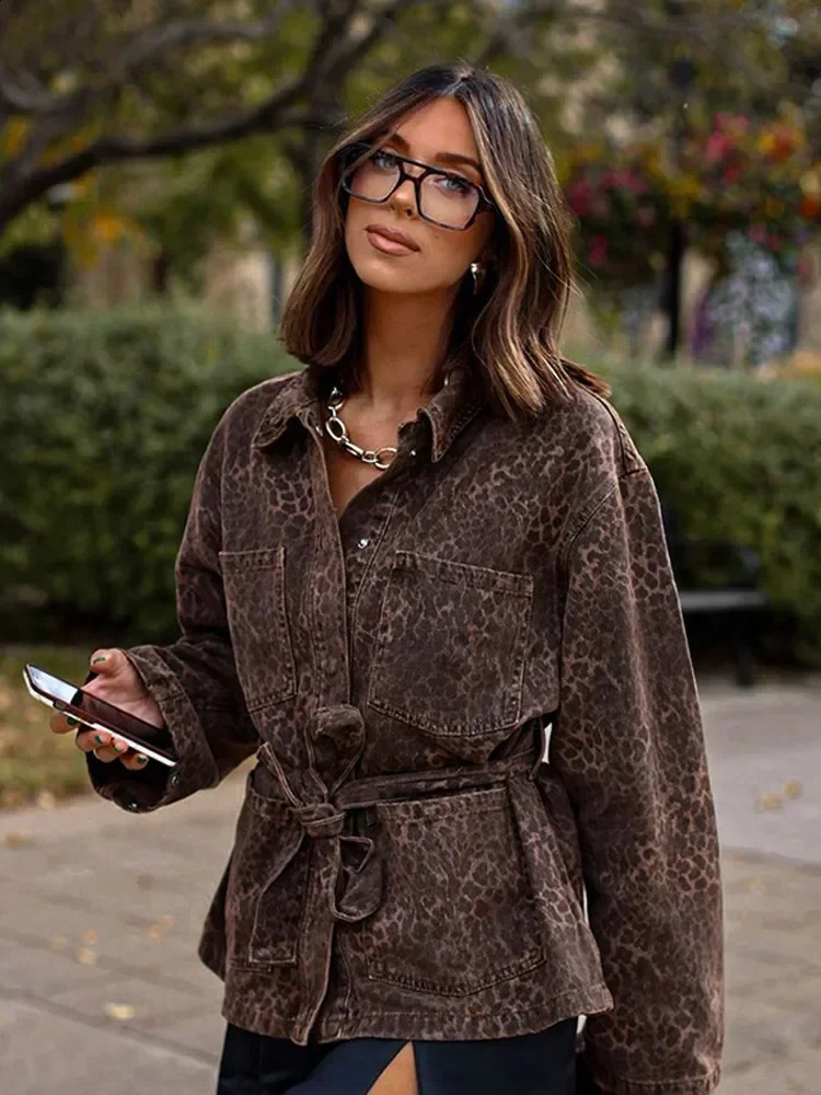 Leopard Printed Denim Single Chest Womens Jacket Fashion Collar Long Sleeve Short Sleeve Jacket Autumn Womens High Street Jacket 250317