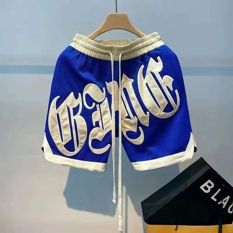 Y2k Casual Letter Embroidery Basketball Clothing Street Vintage Color Contrast Loose Sweatpant Men Shorts Pant