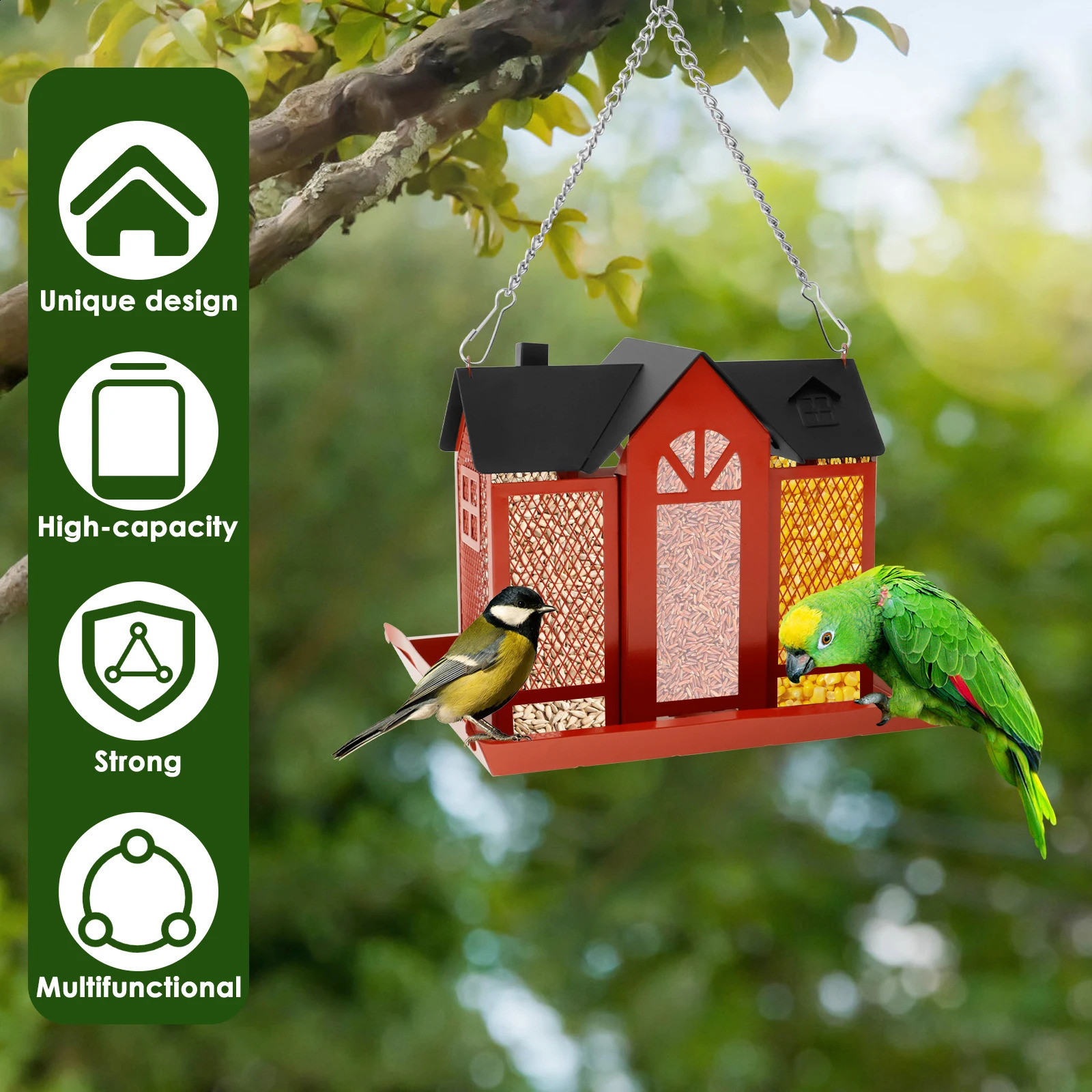Bird feeder hanging metal bird house large capacity red multipurpose product for outdoor gardens 250318