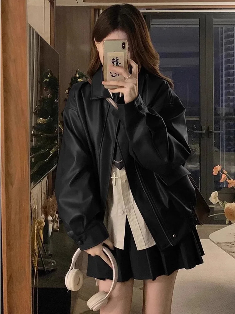 2025 Merad Style Bicycle Leather Jacket SpringSummer American Retro Windproof Pu Womens 250319
