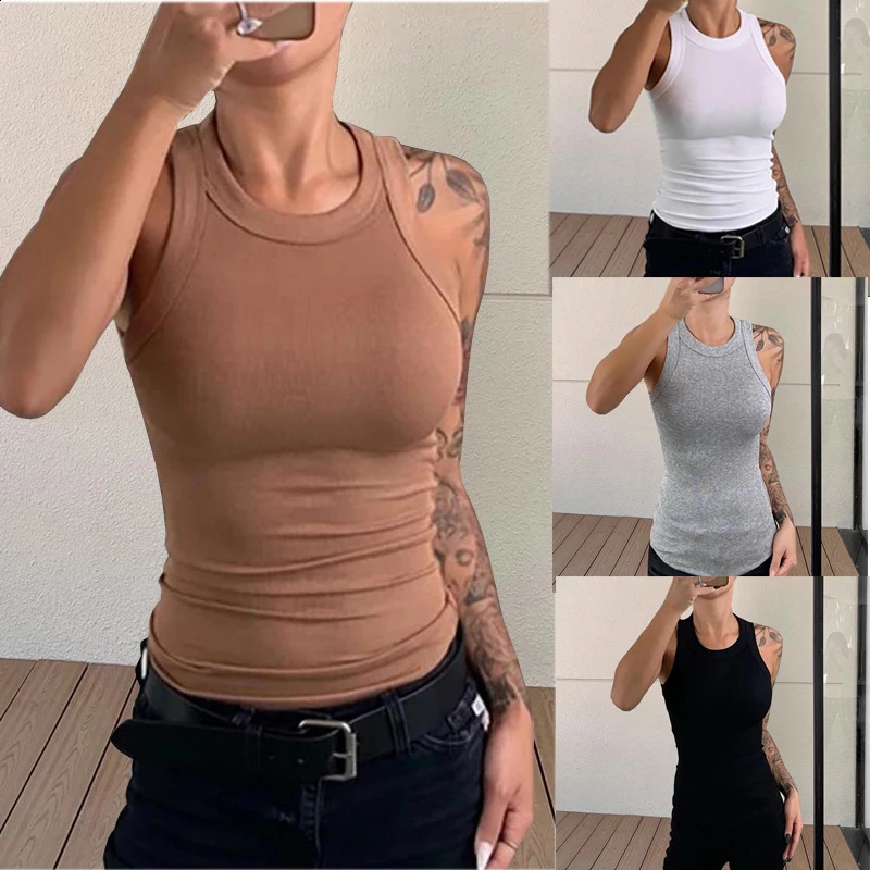 Womens solid Oneck ribbed vest summer basic elastic fashionable sleeveless underwear lapel top 250319
