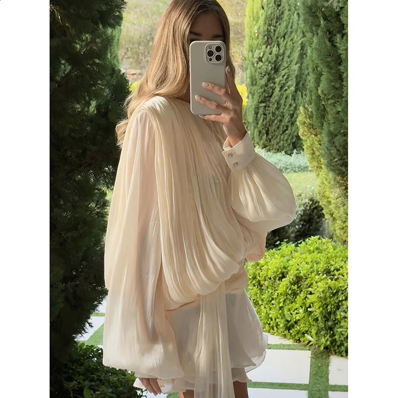 and elegant womens mini dress Vneck lace top long sleeved stacked hem Vestido 2025 clothing 250319