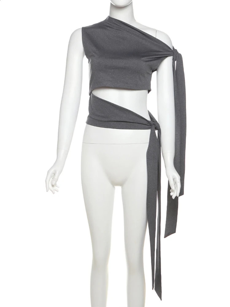 Weird Puss Hollow Bandage Tank Top Ribbon One Shoulder Solid Sexy Summer Trend Wild Midnight Club Skinny Irregular Vest 250319