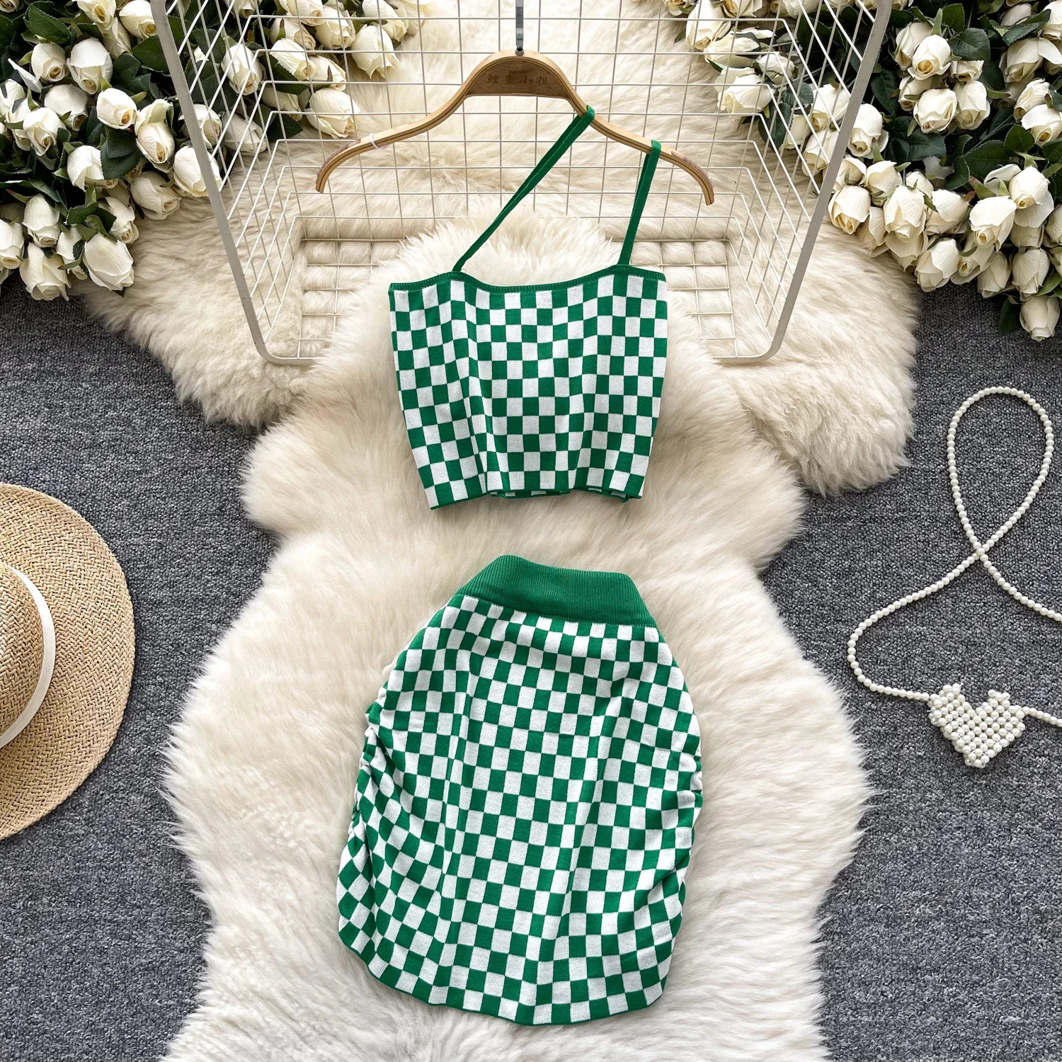 vacation style plain weave set for women strapless air mini tophigh waisted tight fitting dress fashionable casual knitted 250318